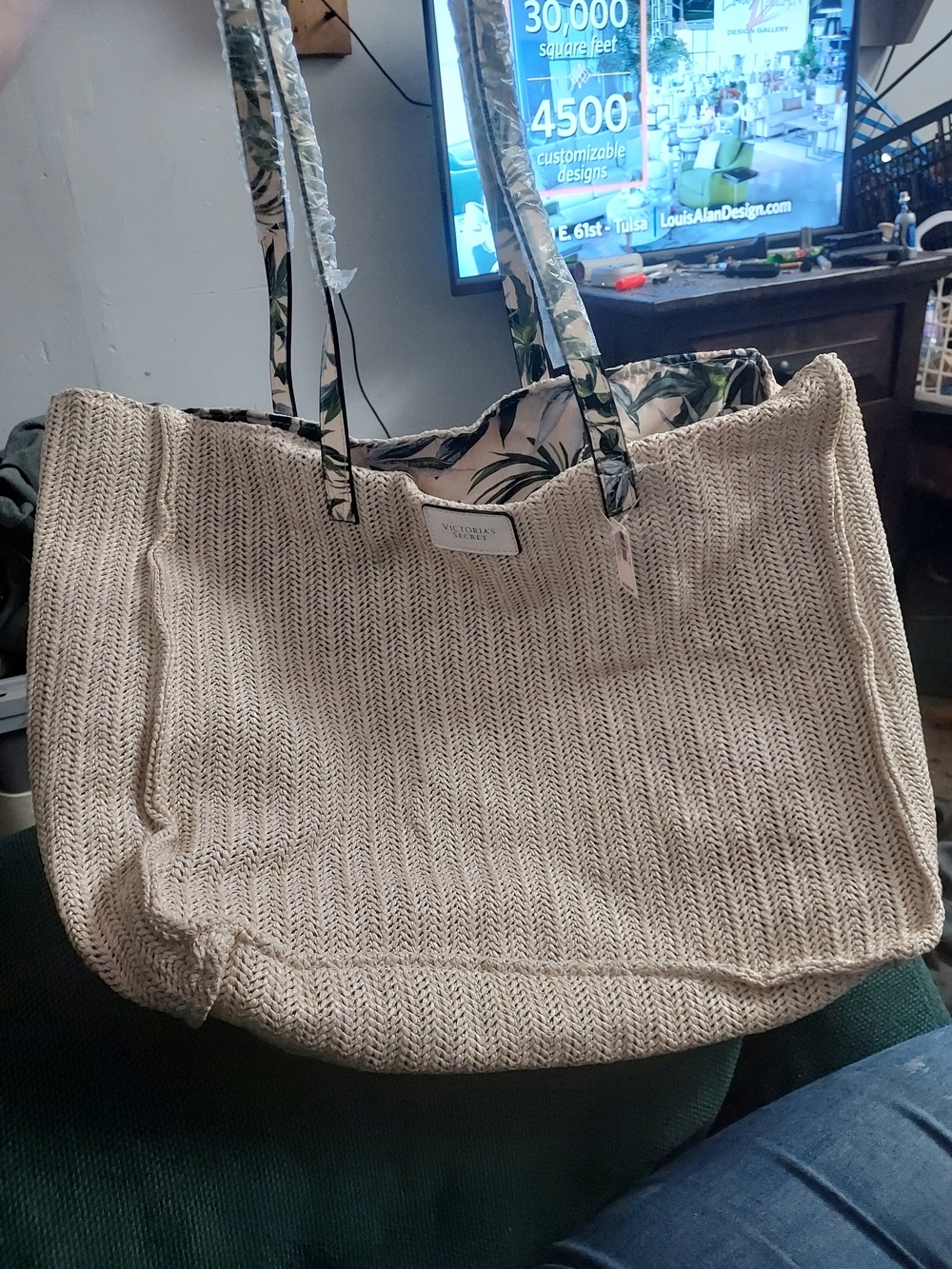 Victoria's Secret Beige Woven Tote Bag with Palm-Print Handles